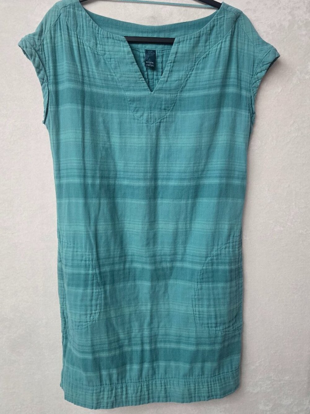 prAna Kai Organic Cotton Gauze Dress Medium Atlantic Stripe Teal Shift Dress